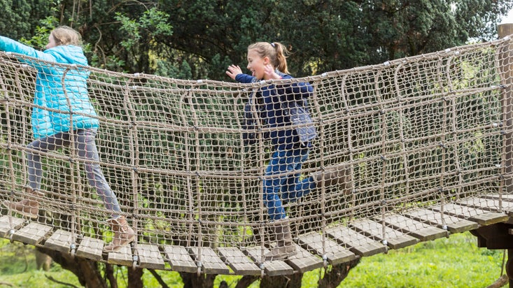 Two children on the rope and plank bridge in the play area at Belton House, Lincolnshire